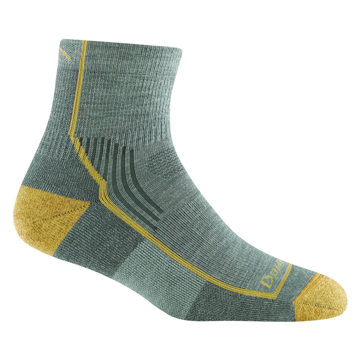 Sage merino ankle hiking socks with seamless knit, yellow heel and toe accent