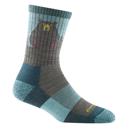 Merino hiking socks in teal and charcoal with bear pattern and striped cuffs