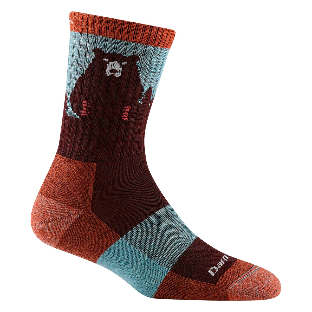 Merino hiking socks in dark brown with coral cuff and bear pattern