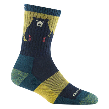 Merino hiking socks in dark navy with yellow cuffs and bear pattern