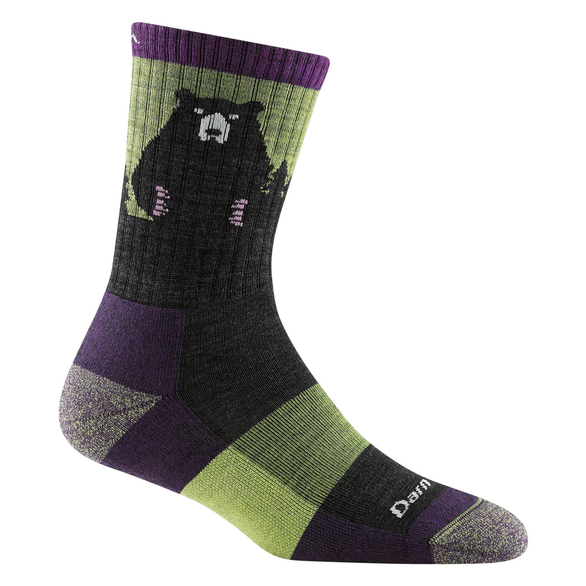 Ladies merino hiking crew socks in dark gray with lime green and purple bear motif