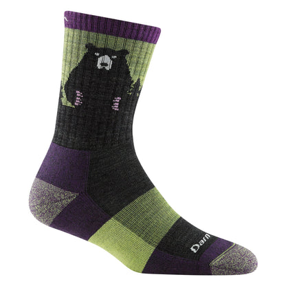 Ladies merino hiking crew socks in dark gray with lime green and purple bear motif