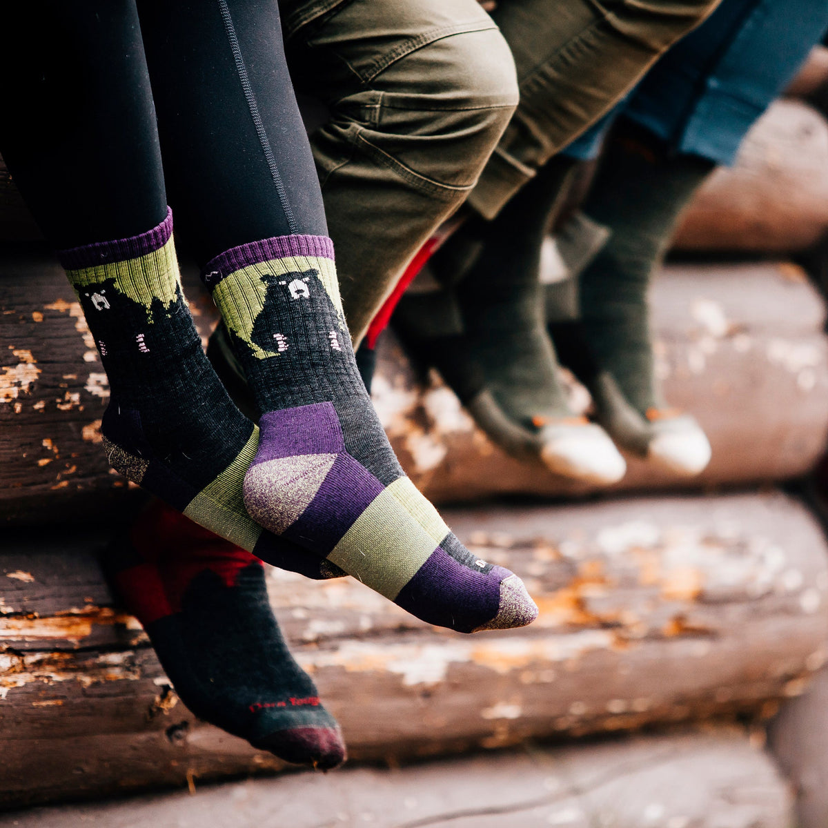 Ladies merino hiking crew socks in black with purple and olive bear pattern panels