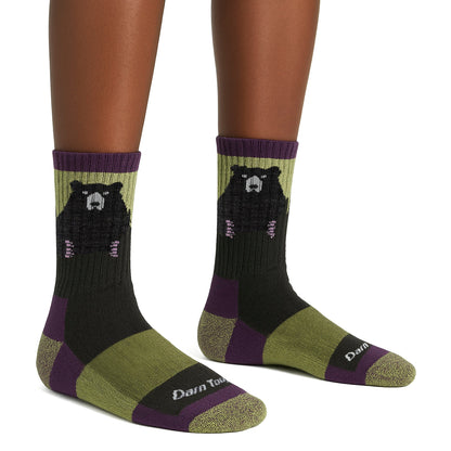 Ladies merino hiking crew socks in dark gray with olive green and purple bear pattern
