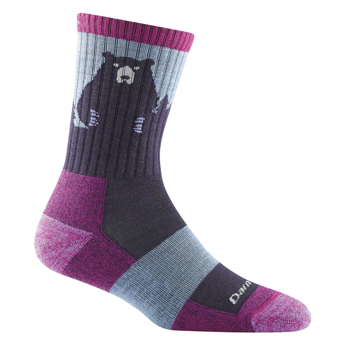 Ladies merino hiking crew socks in purple, light gray, and dark gray with bear pattern