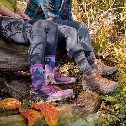 Ladies merino hiking crew socks in purple and gray with bear pattern, multicolor bands