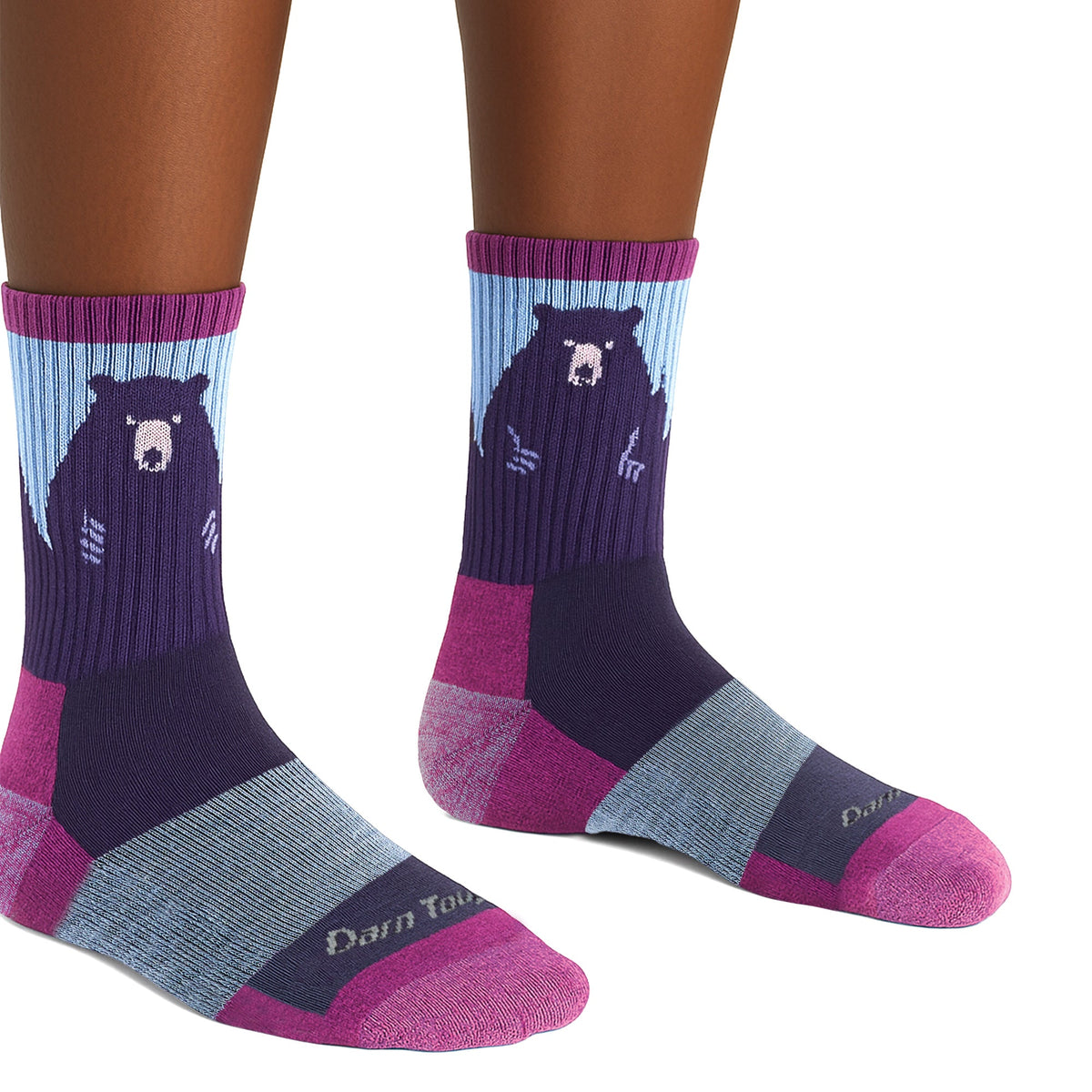 Ladies merino hiking crew socks in blue-gray with navy bear pattern and magenta accents