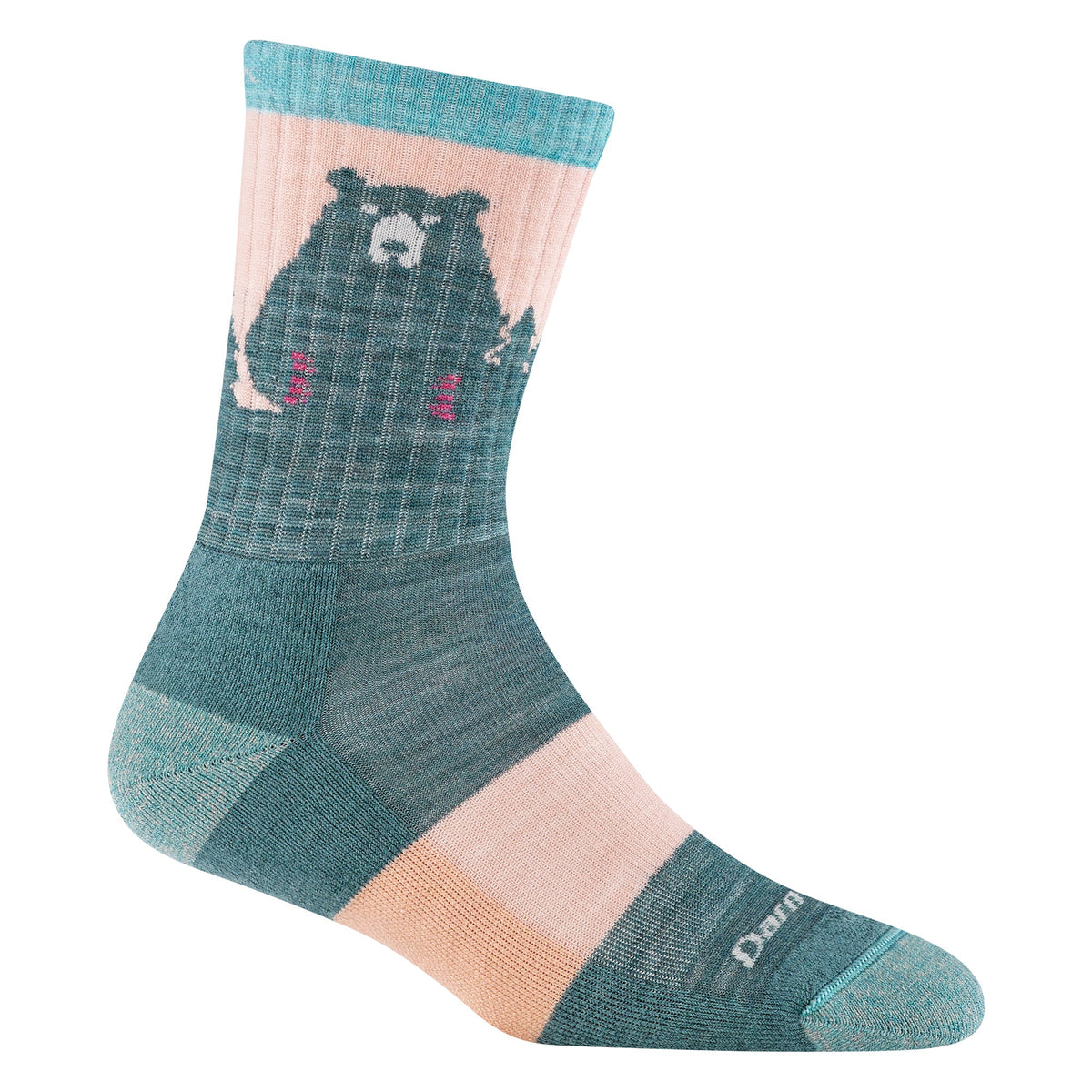 Merino hiking socks in teal with light pink cuffs and bear pattern