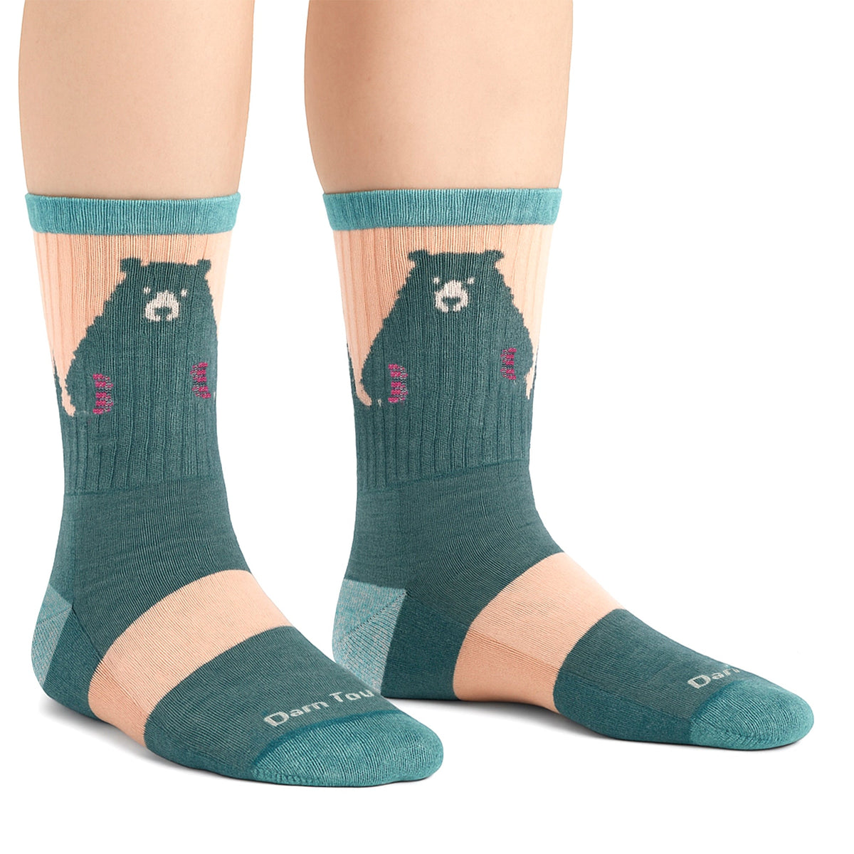 Pair of merino hiking socks in teal with light pink toe and bear motif