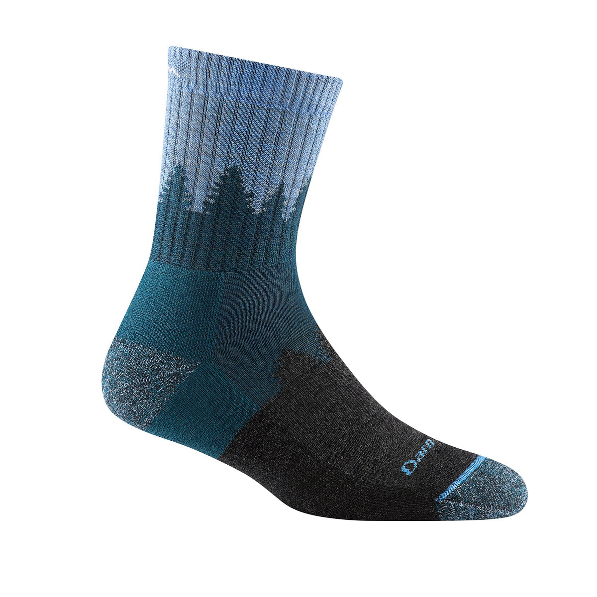 Teal and charcoal mid-crew hiking sock with tree print and blue heel detail