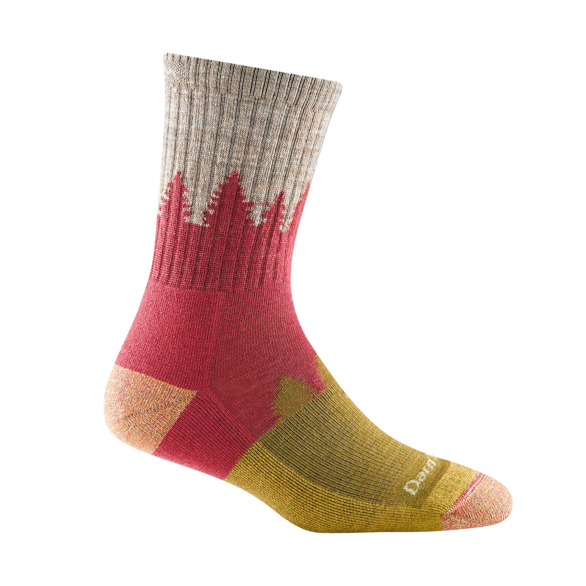 Ladies crew hiking socks in cranberry red with yellow toe and tree graphic.
