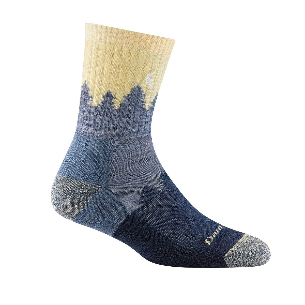 Ladies crew hiking socks in oatmeal and navy with tree graphic on cuff.