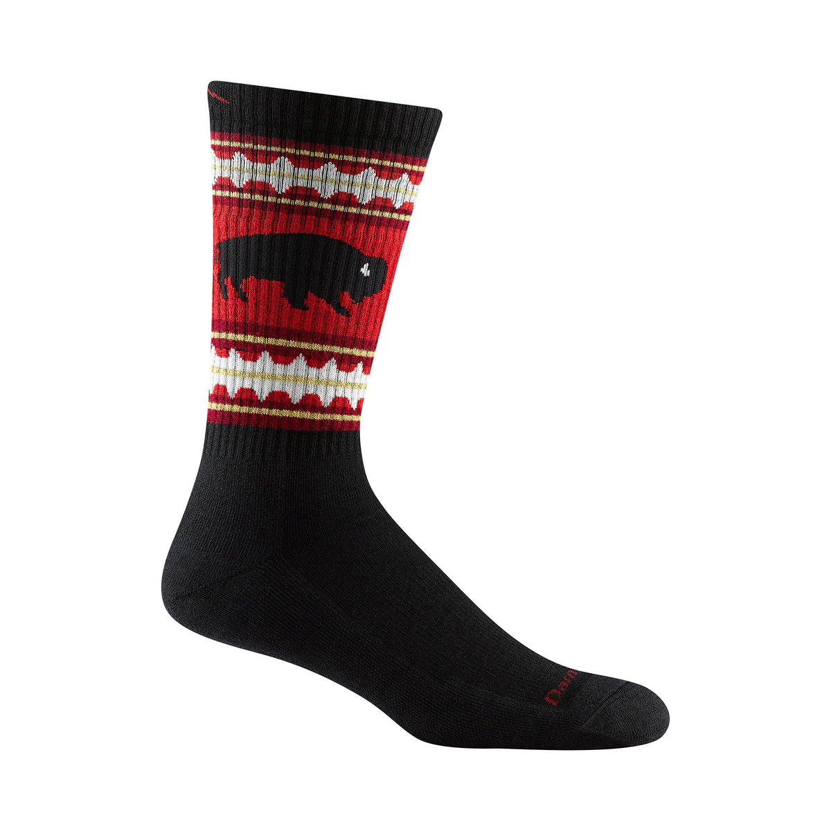 Men's merino wool hiking socks, black with red and cream striped band and deer print