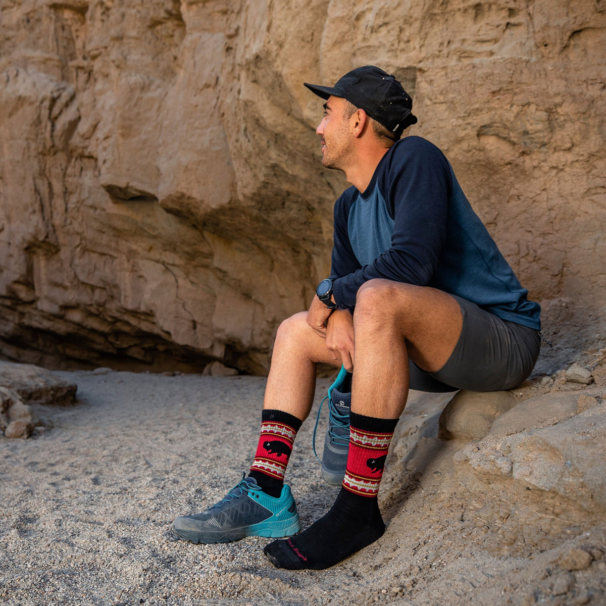 Men's merino wool boot socks, charcoal with red/green stripe band and bear pattern