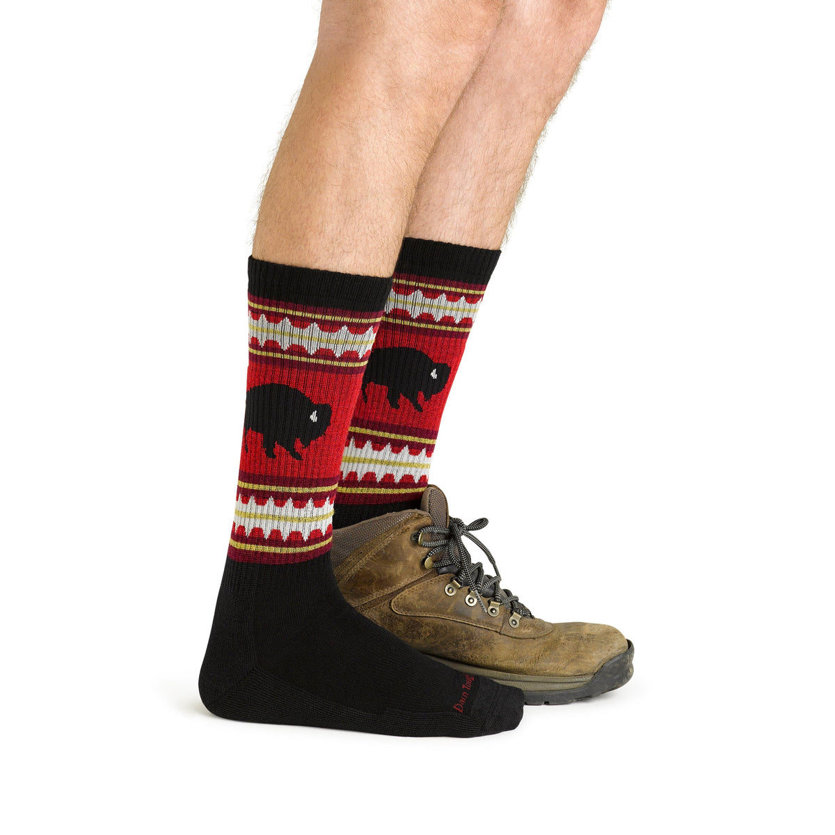 Men's merino wool hiking socks, black with red/cream fair isle pattern and deer motif