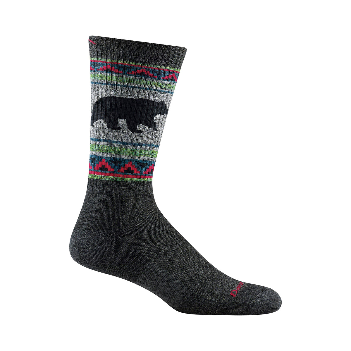 Men's merino wool single sock, charcoal with striped cuff and bear silhouette pattern