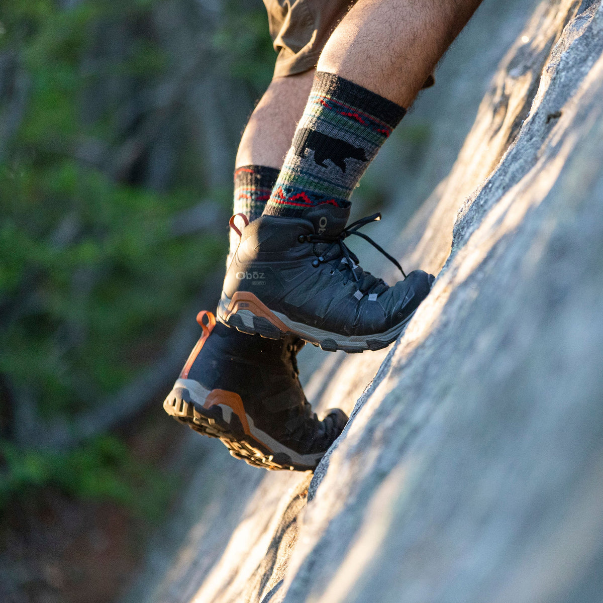 Men's merino wool boot socks, charcoal with red/green/yellow stripe cuff and bear motif