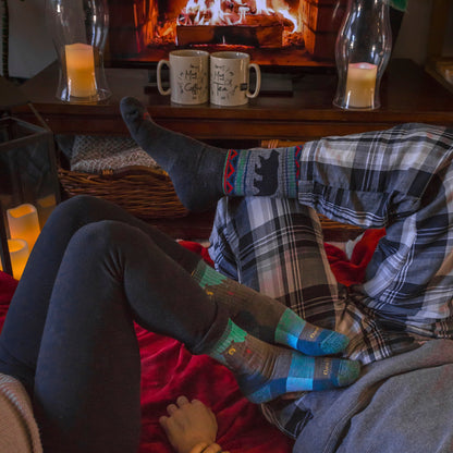Men's merino wool socks (pair), dark charcoal with colorful stripe band and bear design