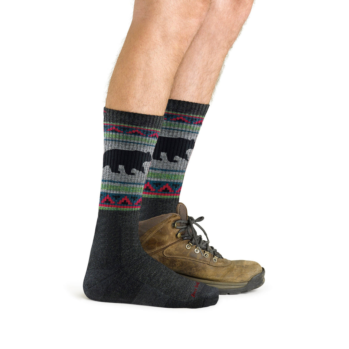 Men's merino wool hiking socks, charcoal with multicolor stripe cuff and bear print