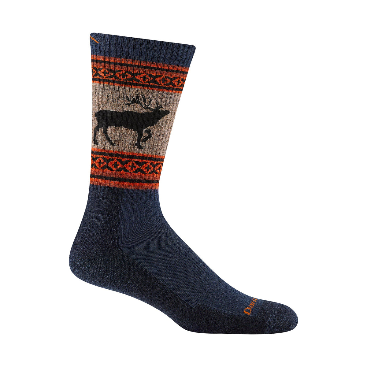 Men's merino wool hiking socks, navy foot with orange patterned band and deer motif