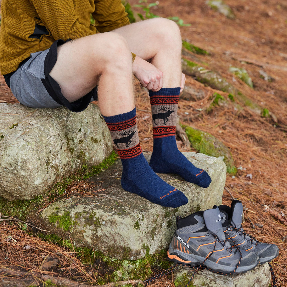 Men's merino wool hiking socks, navy with orange fair isle pattern and deer graphic