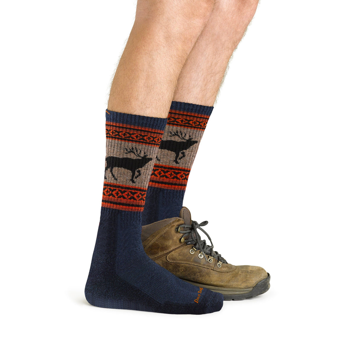Men's merino wool hiking socks with navy foot and orange/black fair isle band, deer