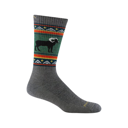 Men's merino wool hiking socks, gray with green/red fair isle band and deer motif