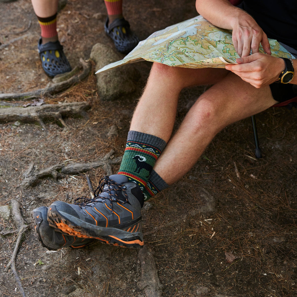 Men's merino wool hiking socks, dark blue base with green/red fair isle deer cuff