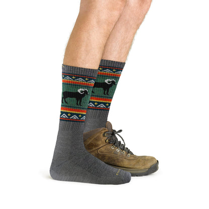 Men's merino wool hiking socks, gray base with green/red striped cuff and deer graphic