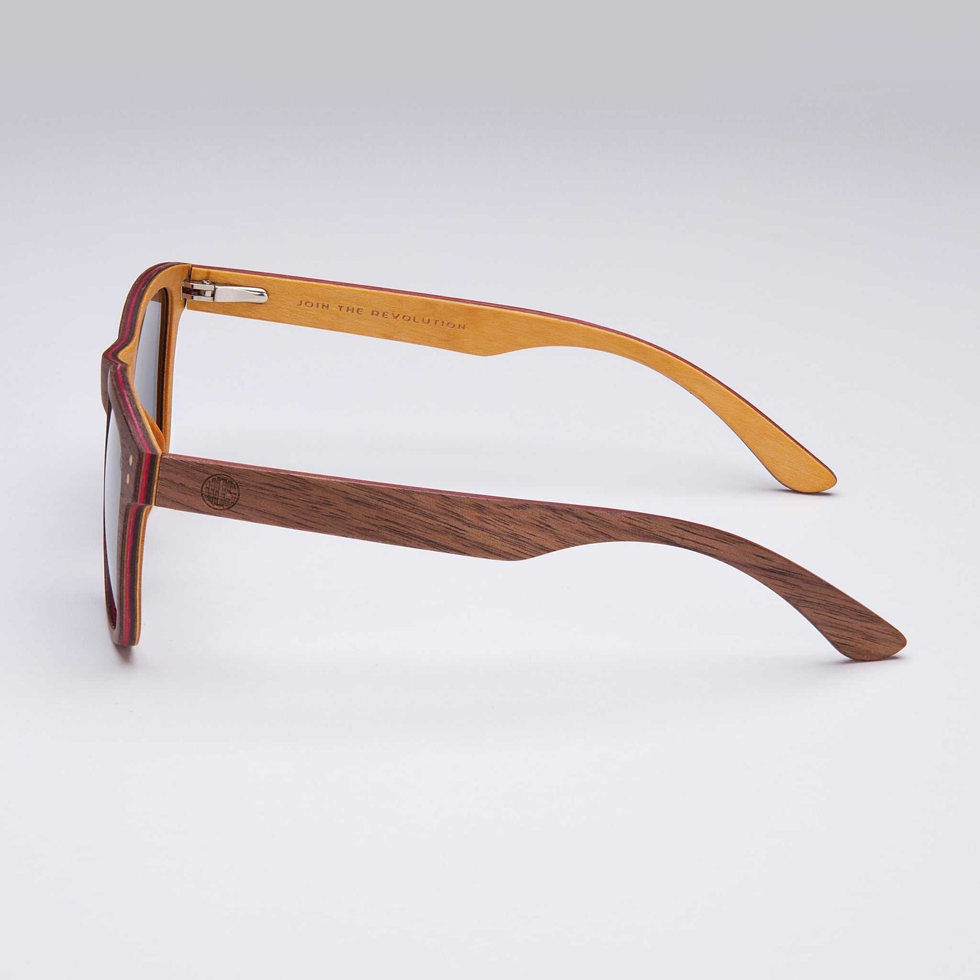 Wood-grain sunglasses side view with dark brown frame and gray lenses