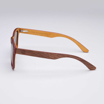 Wood-grain sunglasses side view with dark brown frame and gray lenses