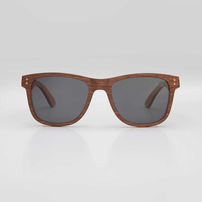 Wood-look wayfarer sunglasses with polarized dark gray lenses and brown double-bridge frame