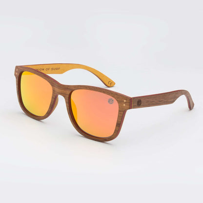 Wood-look sunglasses with orange mirrored lenses and brown frame
