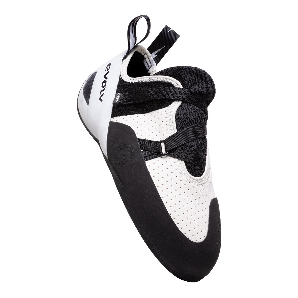 Evolv Defy climbing shoes, white and black, with lace-up strap and vented upper
