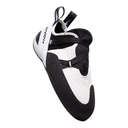 Evolv Defy climbing shoes, white and black, with lace-up strap and vented upper