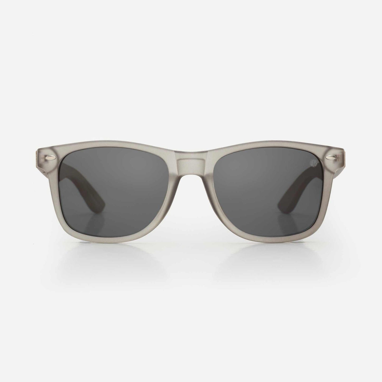 Cream/ivory sunglasses with dark gray lenses and small metal rivets on temples