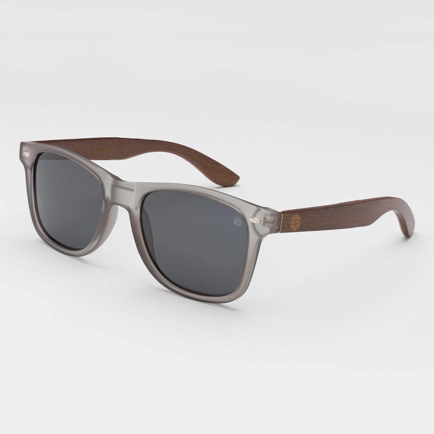 Sunglasses with dark brown and gray frames and dark lenses, wood-look arms