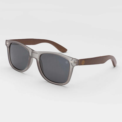 Sunglasses with dark brown and gray frames and dark lenses, wood-look arms