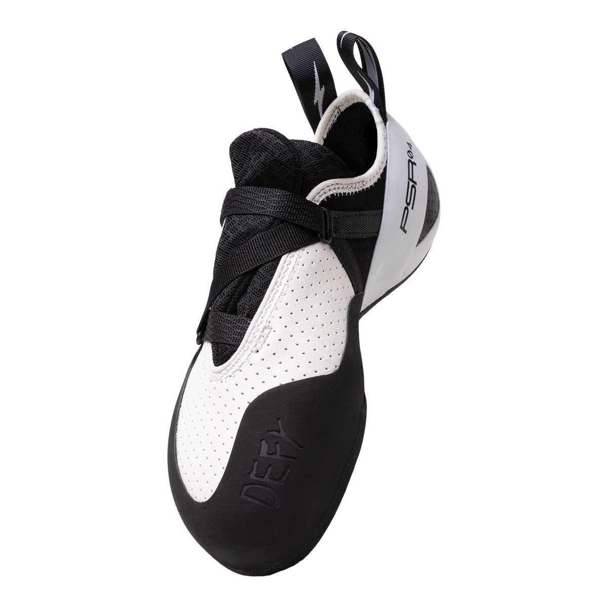 Evolv Defy climbing shoes, lace-up closure over perforated white vamp and black rand