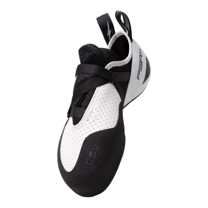 Evolv Defy climbing shoes, lace-up closure over perforated white vamp and black rand