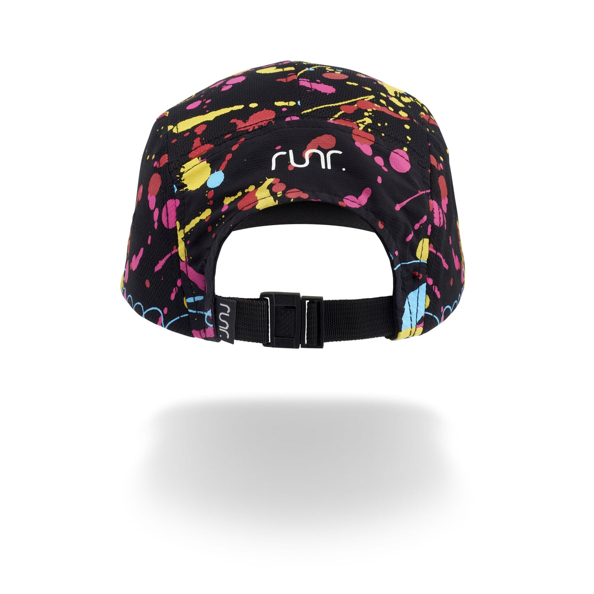 Black technical running hat with paint-splash coverage and adjustable strap at back.