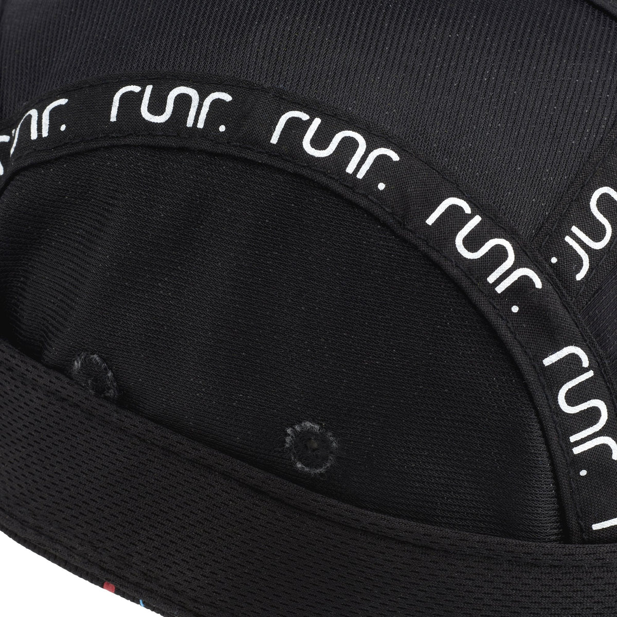 Black hatband close-up with repeated RUNR logo stitching and fabric texture.
