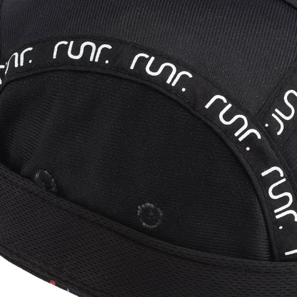 Black hatband close-up with repeated RUNR logo stitching and fabric texture.