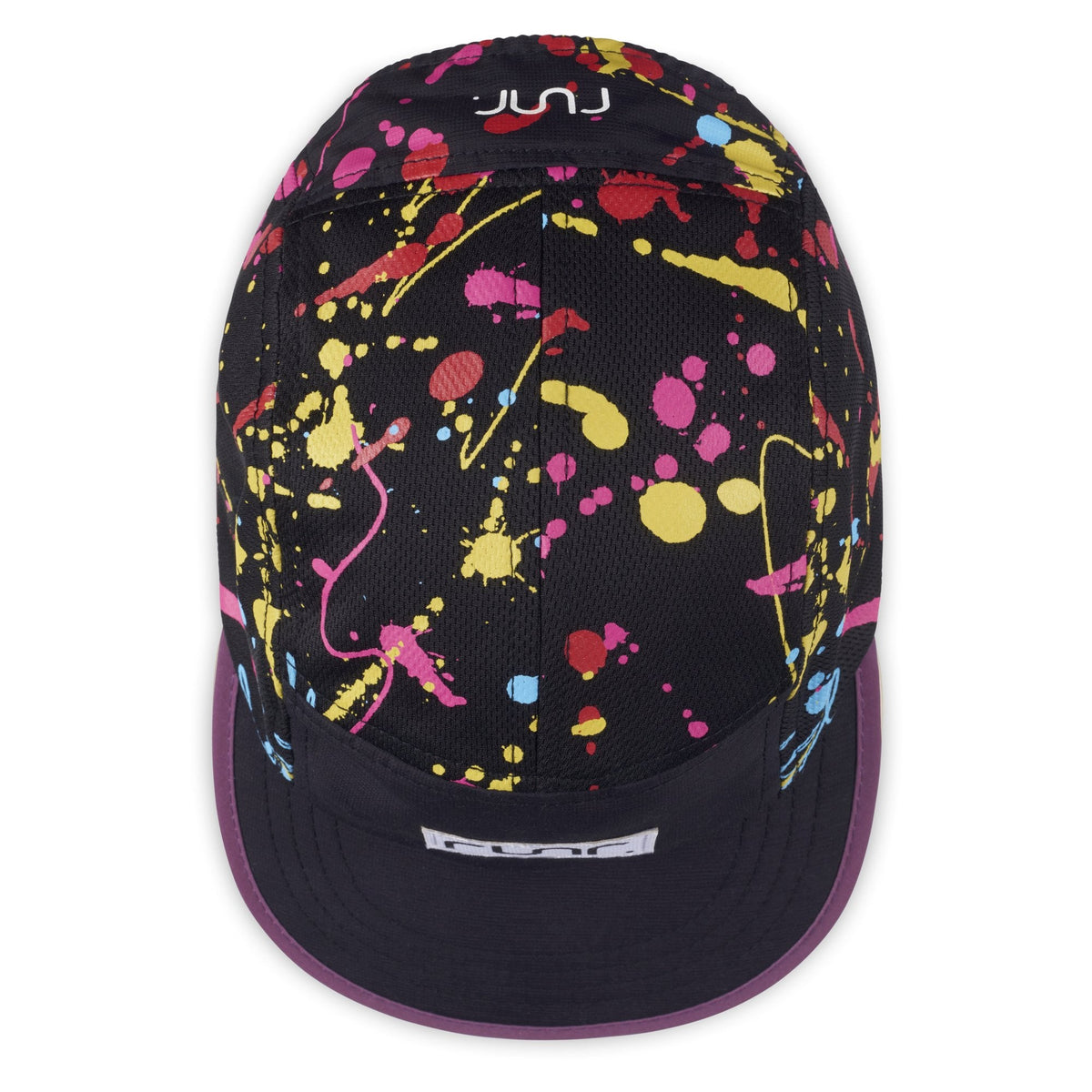 Black technical running hat with multicolor paint-splash pattern and purple brim edging.