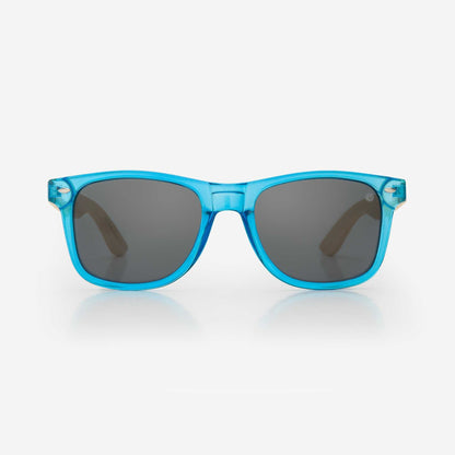 Sunglasses with blue acetate frames and dark gray lenses, front view