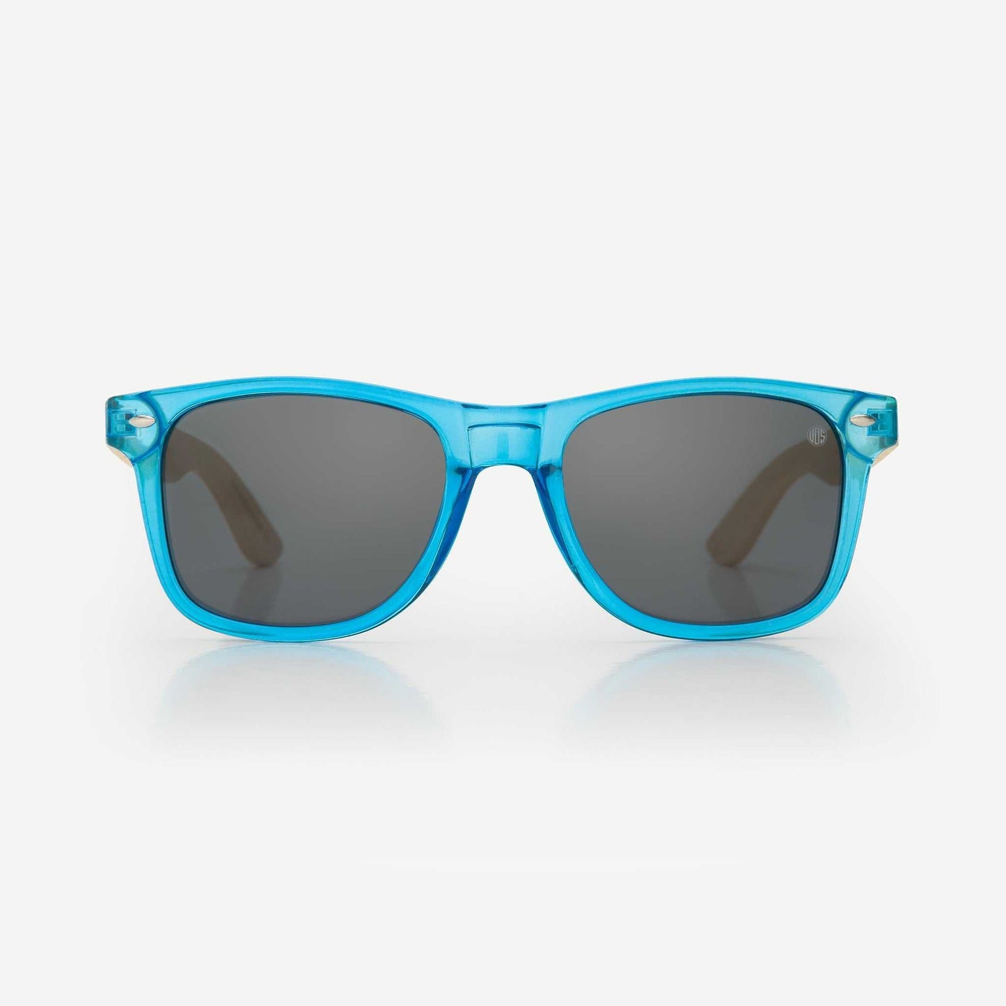 Blue acetate sunglasses with dark gray lenses and classic straight brow