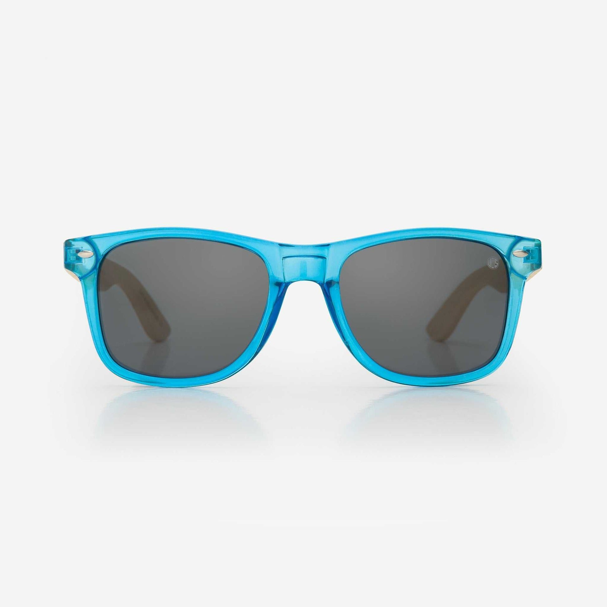 Blue acetate sunglasses with dark gray lenses and classic straight brow
