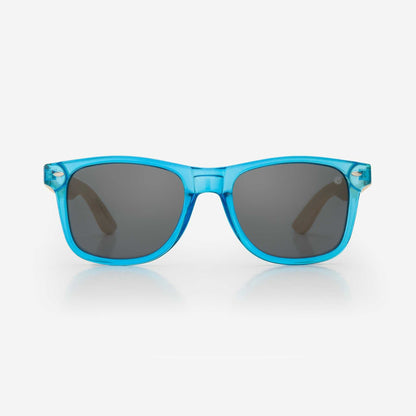 Blue acetate sunglasses with dark gray lenses and classic straight brow