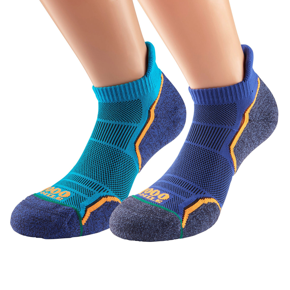Men’s ankle running socks, two-pack: kingfisher blue and navy on model’s feet