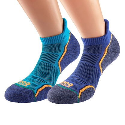 Men’s ankle running socks, two-pack: kingfisher blue and navy on model’s feet